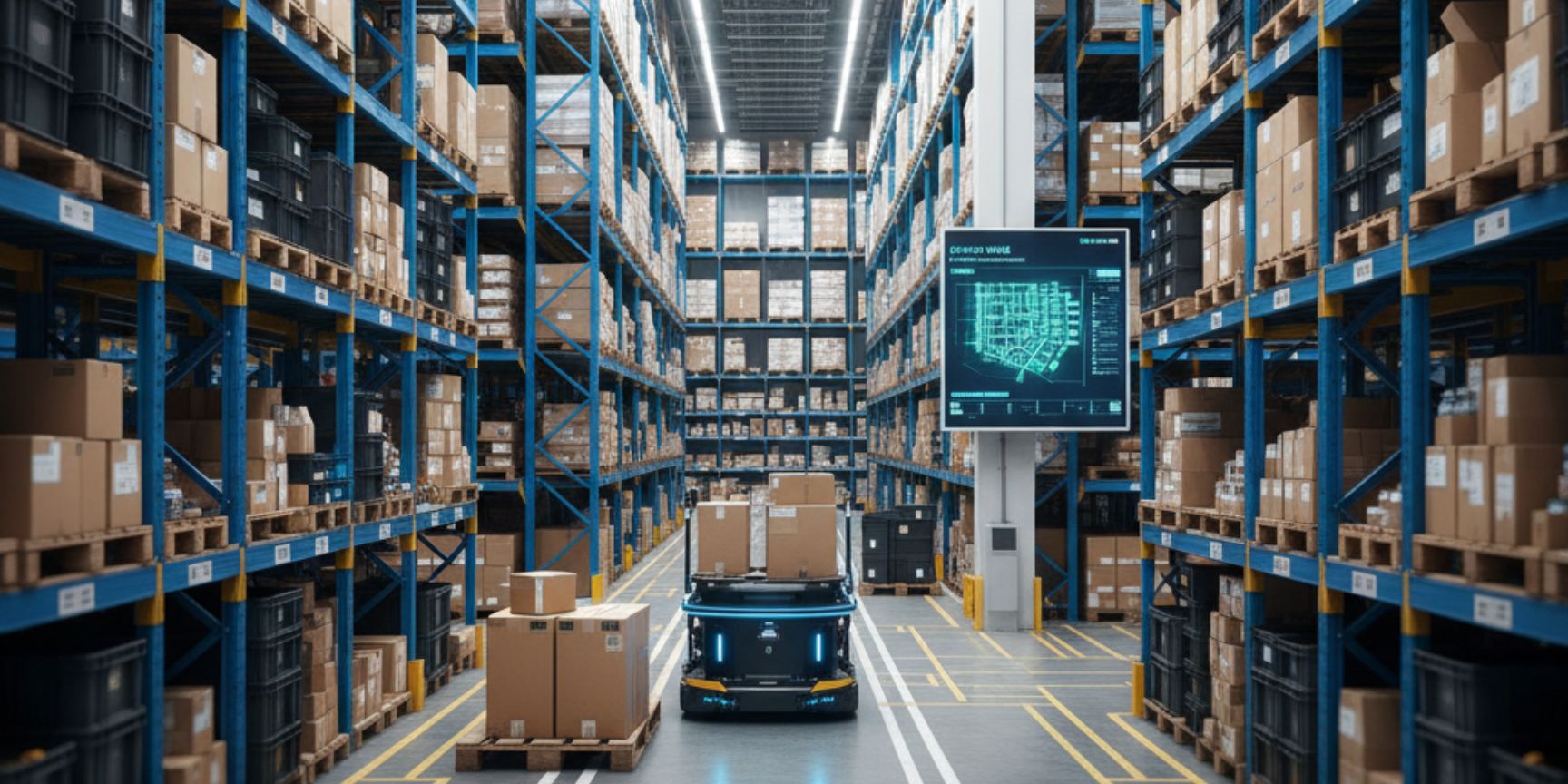 Modern high-bay warehouse with automated industrial truck in chaotic warehousing, showing dense, flexible use of space and efficient logistics processes.